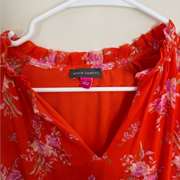 Vince Camuto Semi-Shear Floral Red Long Sleeve Tiered Ruffle V-Neck Mini Dress - Picture 3 of 12